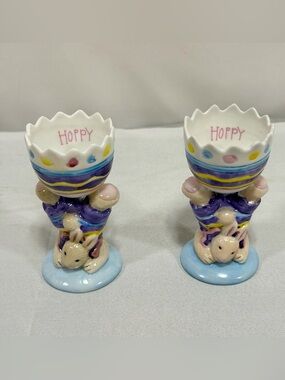 Vintage Muffy Vanderbear Egg Cups Hoppy Walking In Eggshells 1993 2pc With Boxes